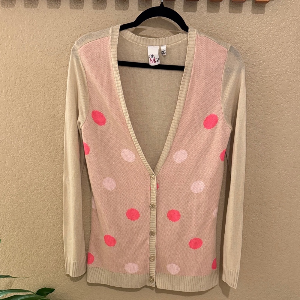 Chic Polka Dot Cardigan - Beige and Pink
